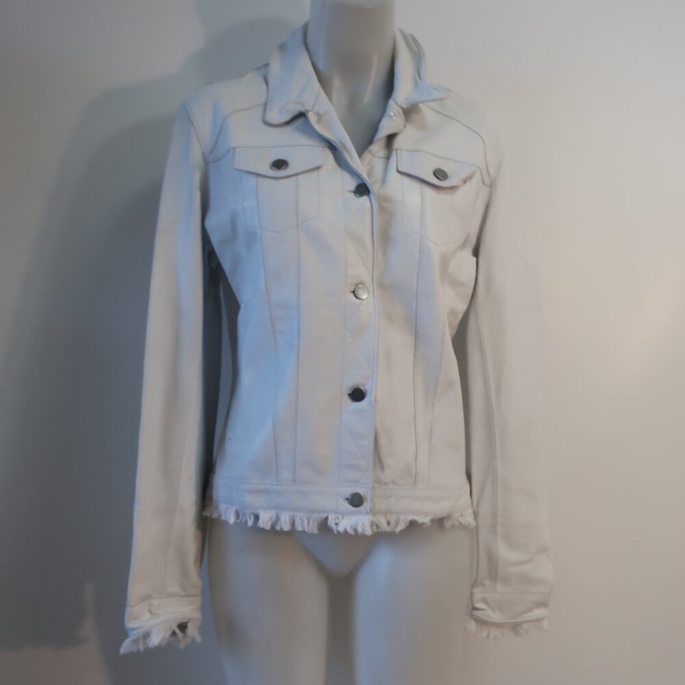 Womens Jkt NYC Alexa White Genuine Leather Raw Fringe Button Moto Jacket M